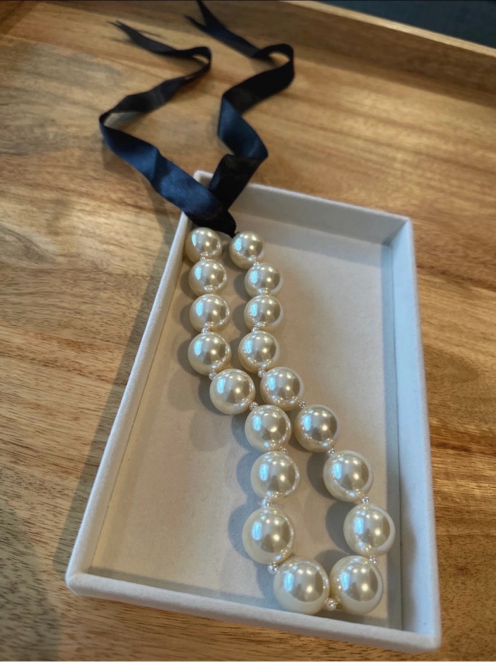 Classic Pearl Ribbon Necklace - Ivory Pearls with Black Ribbon